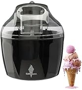 Ice cream maker appliance with black housing and clear container, shown with finished ice cream product.