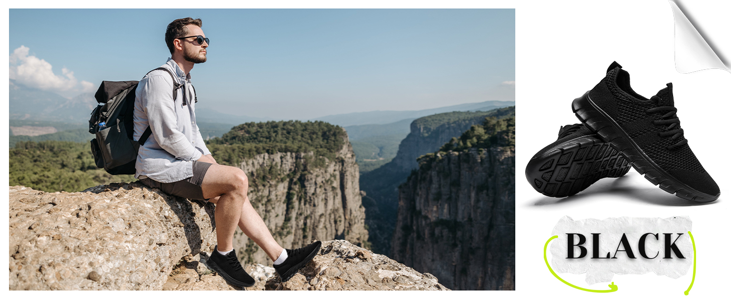 Split image: Left shows hiker on cliff overlooking canyon. Right displays black sneakers with textured soles and knit uppers. 'BLACK' text visible.