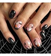 Halloween Press on Nails Short Almond Fake Nails with Designs Cute Ghost Stick on Nails Black Fre...