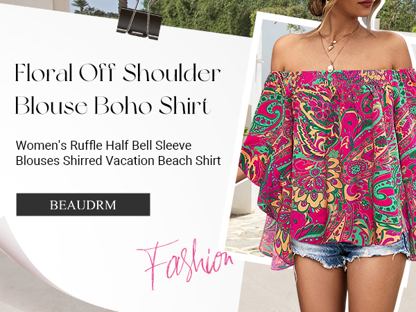 BEAUDRM Women's Y2K Floral Off Shoulder Blouse Boho Shirt