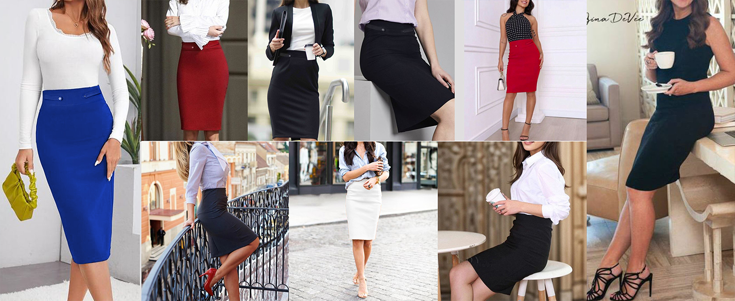 stretchy pencil skirts for women elastic waist work midi long women's white skirt below knee length
