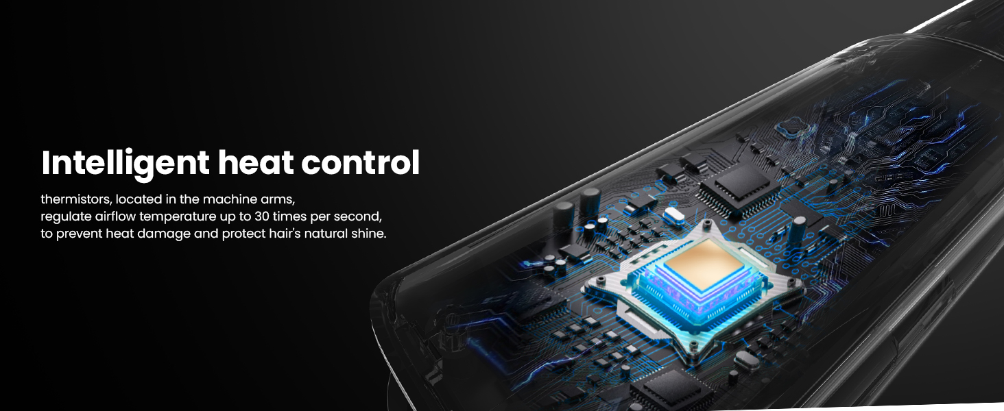 Close-up of a black electronic device with text overlay mentioning 'Intelligent heat control'. Blue glow emanates from within, suggesting internal technology.