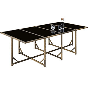 avec panneaux supérieurs en verre et base en métal doré. La table présente un design moderne et minimaliste.