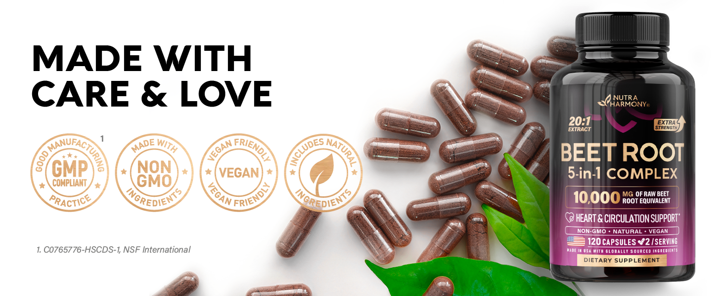 NUTRAHARMONY Beet Root 5-in-1 Complex - Crafted with Care & Love for Heart Health Enchanting image of NUTRAHARMONY Beet Root 5-in-1 Complex, a black bottle with purple accents proudly displaying 20:1 extract and 10,000mg of raw beet root equivalent per serving for heart and circulation support. The bottle contains 120 vegan capsules (2 per serving) and is labeled as a dietary supplement, made in the USA with globally sourced ingredients. Surrounding it, a scattering of capsules rests on a white background with a vibrant green leaf, symbolizing nature. The design emphasizes