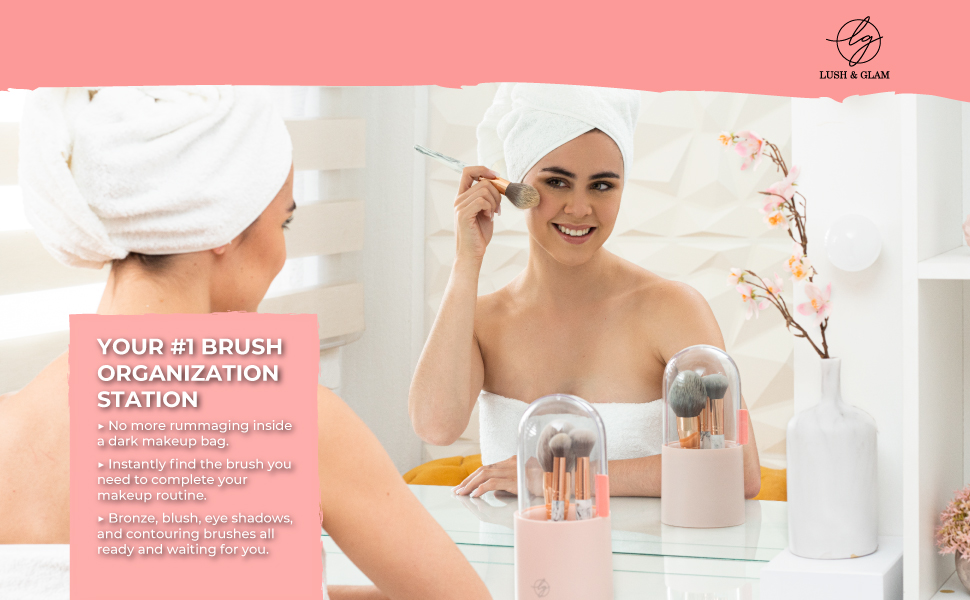 Women using makeup brush holder organizer on the dressing table 