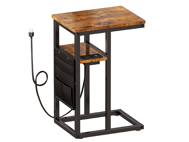 SUPERJARE C Shaped End Table with Charging Station, Side