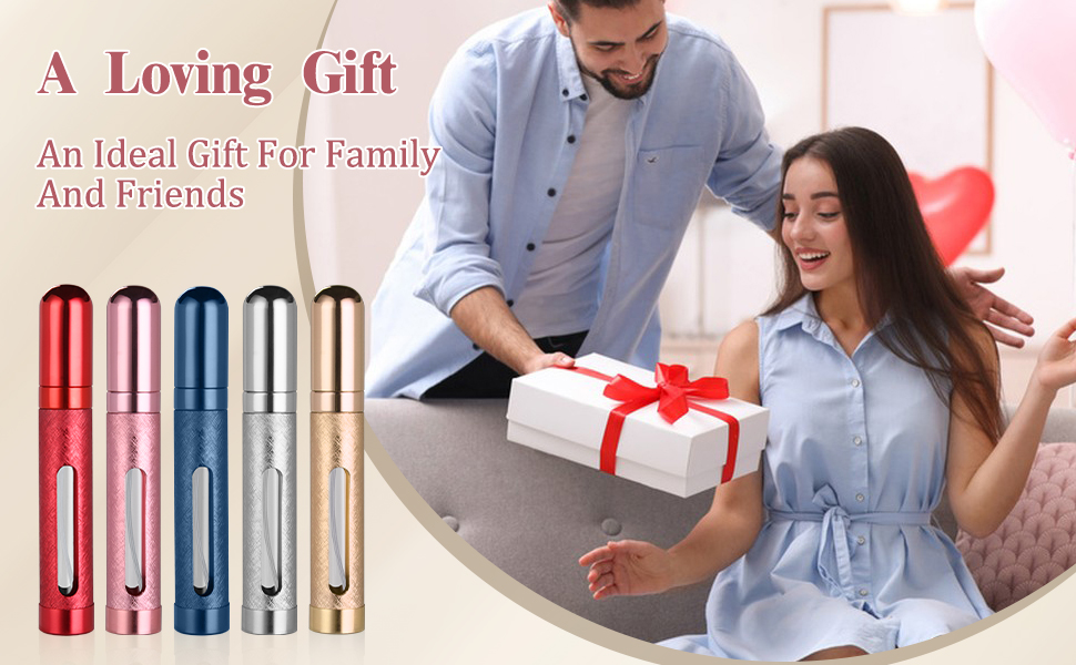 Text reads 'A Loving Gift: An Ideal Gift For Family And Friends'. Display shows multiple pen-like devices in red, gold, silver and blue colors arranged vertically. Scene shows someone presenting a wrapped gift.