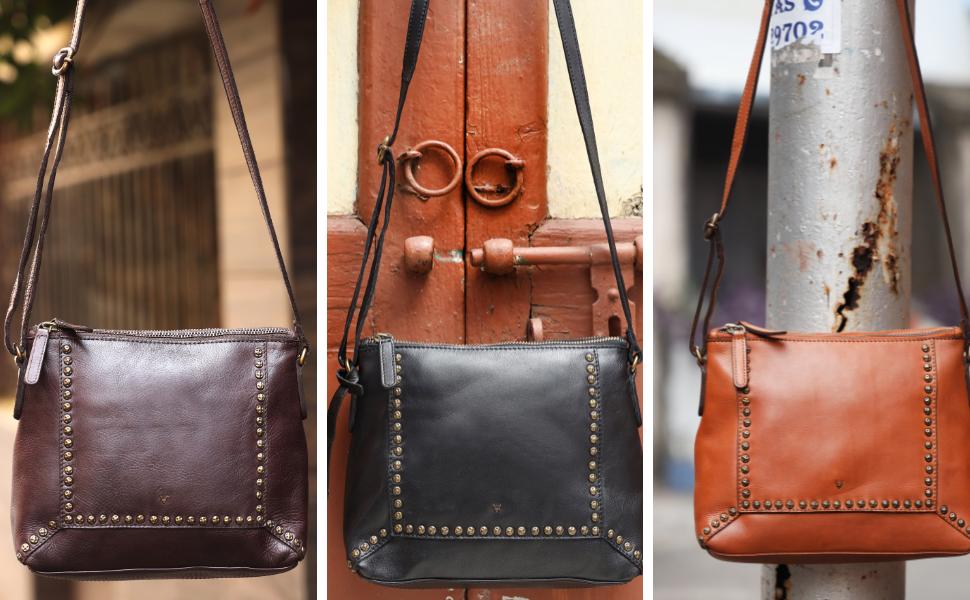 バッグ Italian studded leather shoulder bag Genuine Italian Leather Boho Studded Crossbody Sling Bag 10