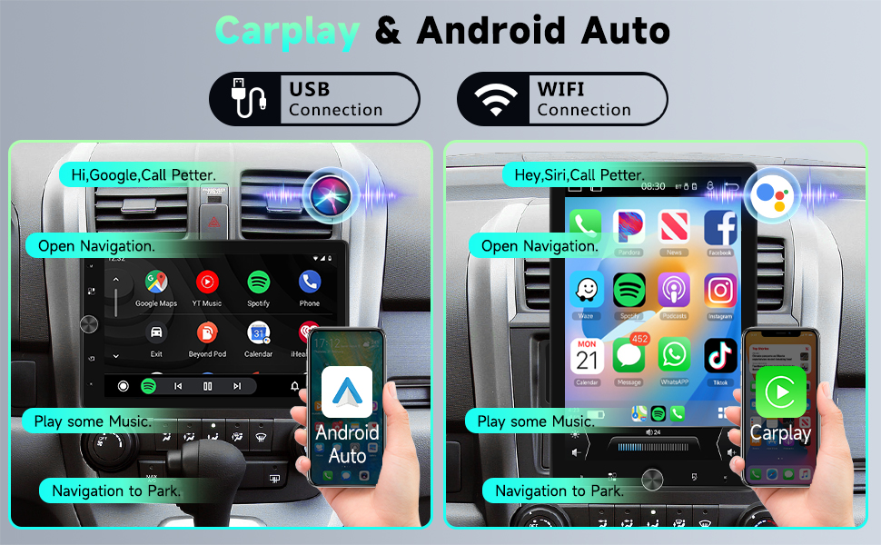 Detailed diagram showing the dimensions of the car stereo in both vertical and horizontal orientations, along with a comprehensive wiring diagram for the rear connections including power, speakers, camera, and other inputs.
