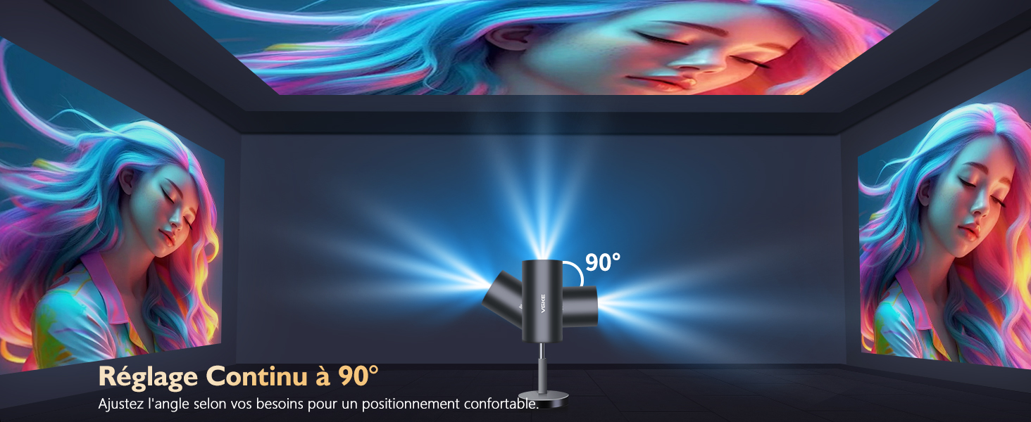 Affichage du produit présentant une fonction de rotation à 90 degrés avec une illustration d'un faisceau de lumière bleu vif et des graphismes décoratifs colorés