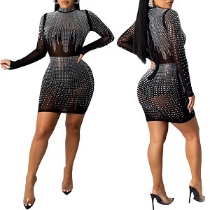 PORRCEY Women Long Sleeve Sexy Hot Drilling Process Sexy Dress Party Club Night Dress