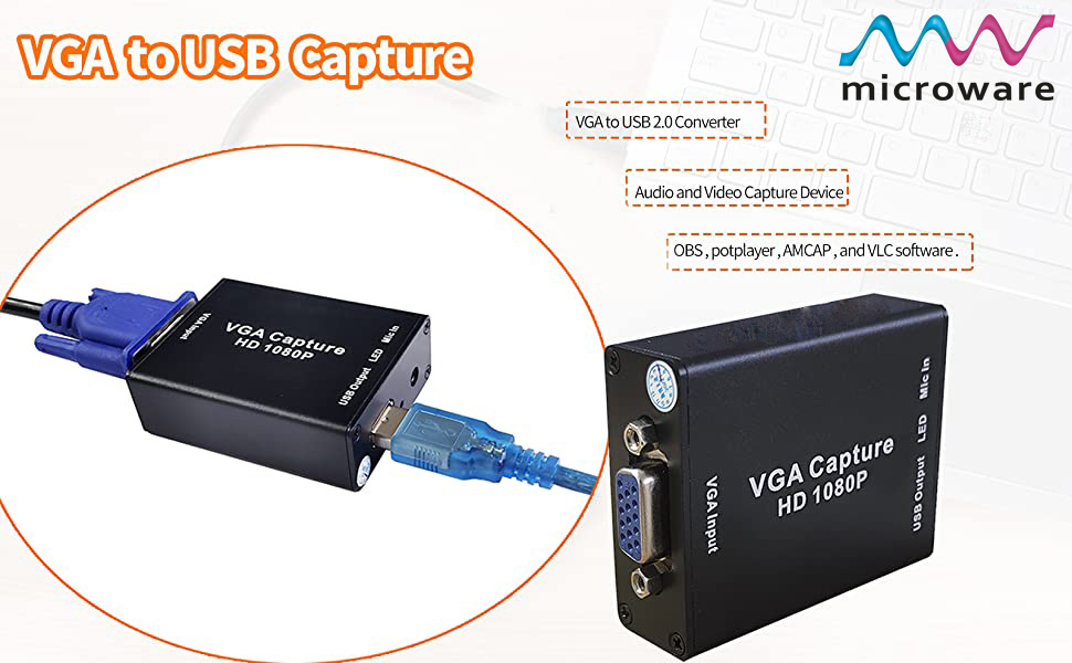 Microware Video Converter VGA Capture Card, VGA to USB2.0 Converter