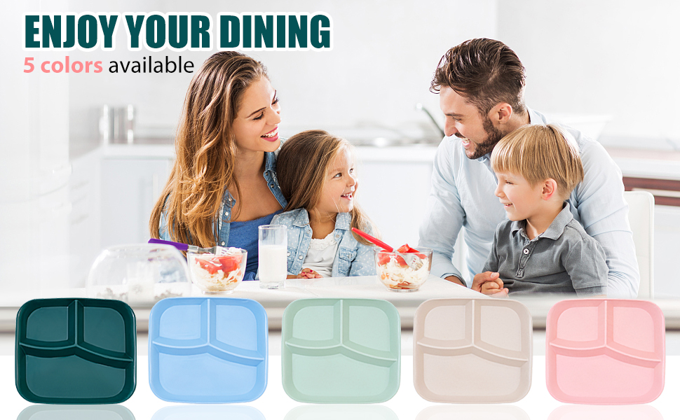 Unbreakable Divided Plates 10 Inch 5 PCS, Reusable Wheat Straw Dinner Plates, Microwave and