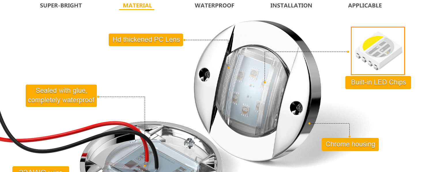 White Blue Red Green Boat Marine LED Lights 4-color 3-inch Round Boat Interior Courtesy Lights