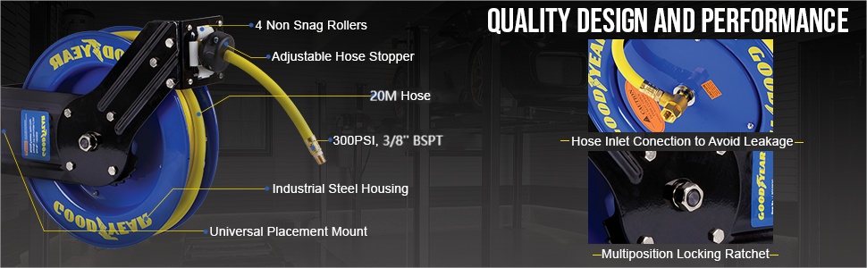 Text reads 'QUALITY DESIGN AND PERFORMANCE'. Continuation of interface design with circular dials and technical specifications in dark theme with blue highlights.