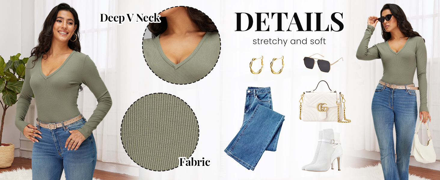 iGENJUN Women Long Sleeve V Neck Shirts for Women Business Casual Work Top Knit Slim Fit for Fall 6 deep v neck top