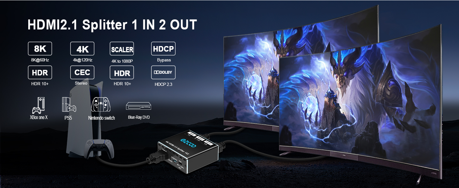 4K 120Hz HDMI 2.1 Splitter 8K 60Hz 1 in2 out VRR ALLM HDCP2.3 HDR10