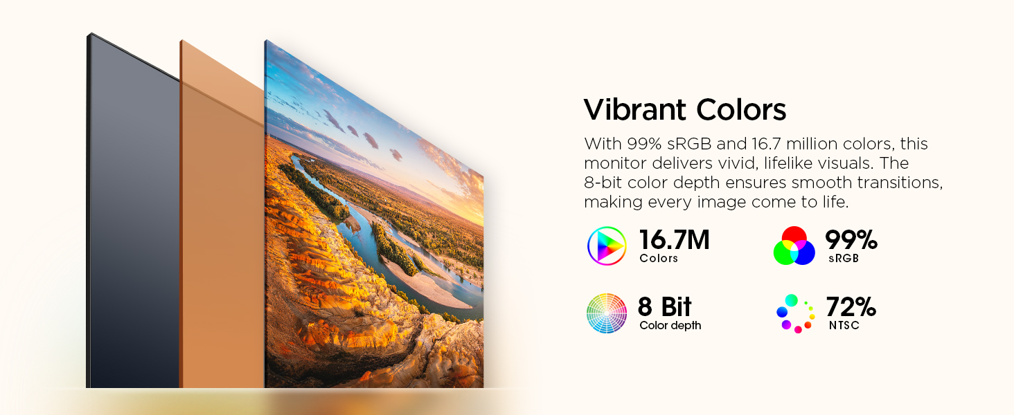 Three television screens displaying vibrant landscape image. Text highlights color features: 16.7M colors, 99% NTSC, 8 Bit, and 72% NTSC.