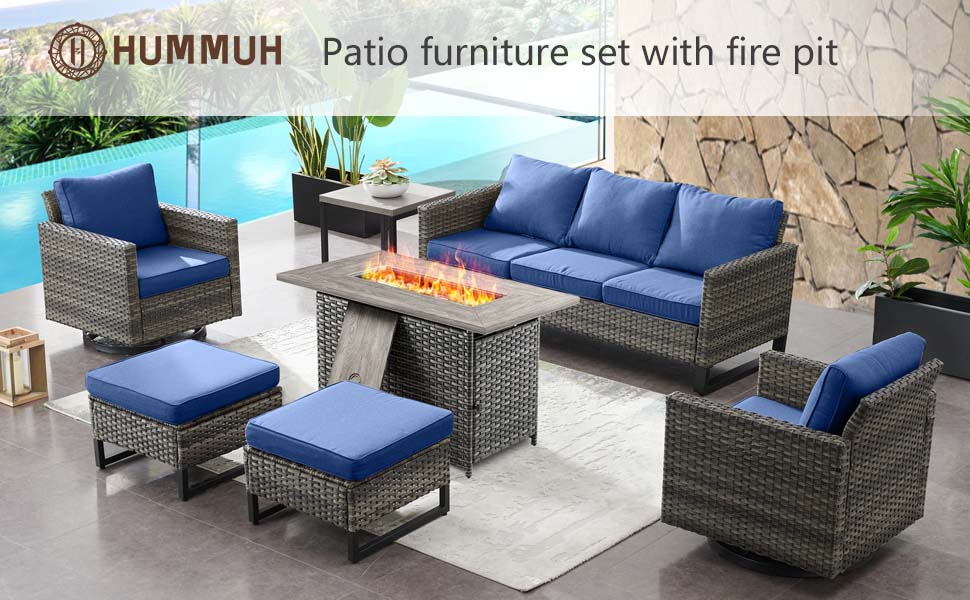 HUMMUH 7 Piece Patio Furniture Set with Fire Pit 41in