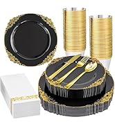 175PCS Black and Gold Plastic Plates for 25 Guests, Include 25 Dinner Plates, 25 Dessert Plates, ...