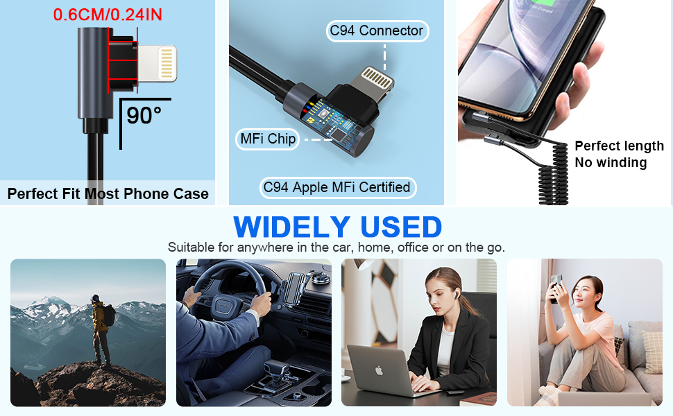 Coiled USBC to Lightning Cable 90 Degree, Apple Car Play