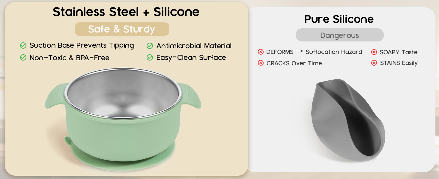 Pure silicone bowl is dangerous to children, our stainless steel silicone bowl is safe and sturdy