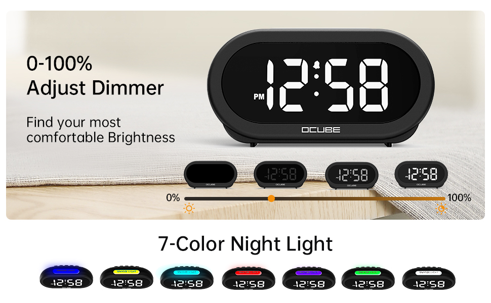 OCUBE Digital Alarm Clock with 7Color Night Light, Bedside Clocks
