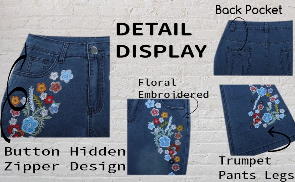 Womens Mid Rise Floral Embroidered Bell Bottom Flare Jeans