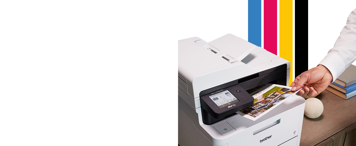 Person removing print of real estate one-sheet from Brother MFCL3780CDW digital color printer