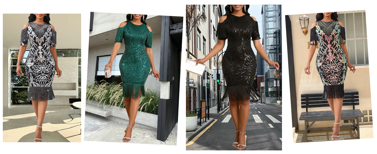 Cololura Sexy Elegant Women Sequin Long Sleeve Tassel Midi Evening Gown Formal Dress