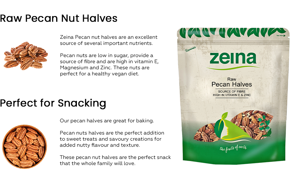 Zeina Raw Pecan Nut Halves Ideal for Healthy Snacks and Baking in Resealable Zip pack (750g