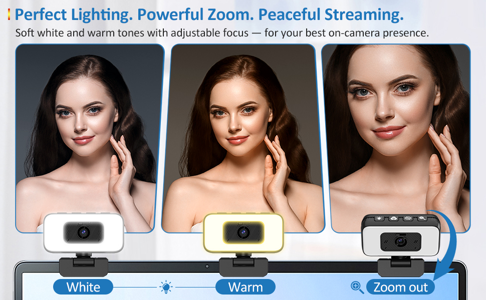 Text reads 'Perfect Lighting. Powerful Zoom. Peaceful Streaming.' Camera or streaming device marketing image showing different lighting effects