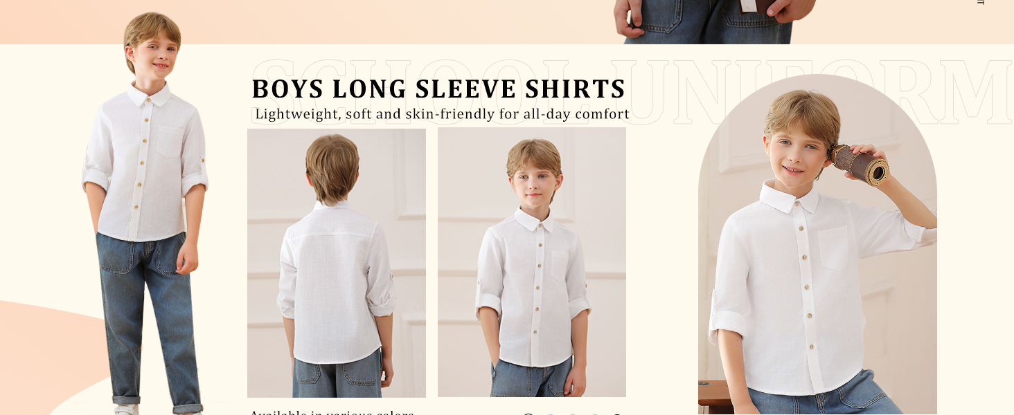 Boys' Roll Up Long Sleeve Dress Shirts Formal Uniform Solid T-shirts Lightweight Casual Linen Tops