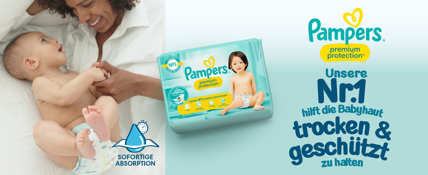 Mutter mit Baby auf der linken Seite & Premium Protection Packung mit Text auf der rechten Seite. 