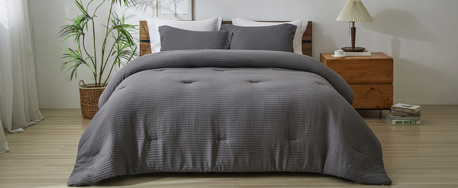 Waffle Comforter Set King Size, White Soft Bedding Set for All Season, Lightweight