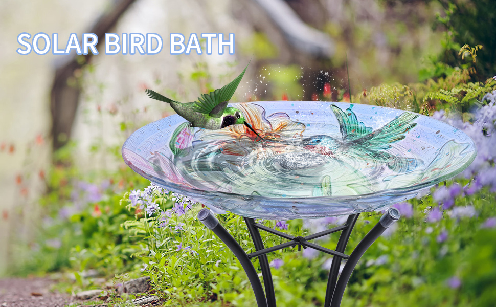 VCUTEKA Glass Bird Bath Outdoor Solar Birdbath with Metal