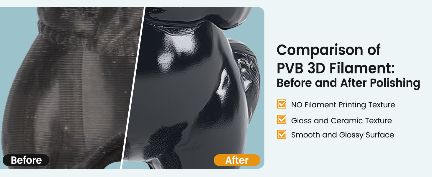 Comparaison avant/après montrant le traitement de surface du filament PVB 3D, démontrant la transformation d'une finition mate à une finition brillante.