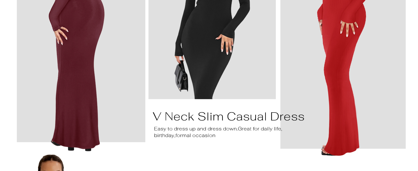 REORIA Women's Sexy V Neck Long Sleeve Maxi Dress Casual Lounge Ribbed Bodycon Long Dresses