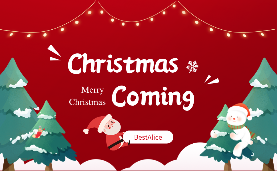 Christmas-themed graphic with red background, decorated trees, string lights, and cartoon Santa. Text reads 'Christmas Coming' and 'Merry Christmas'.