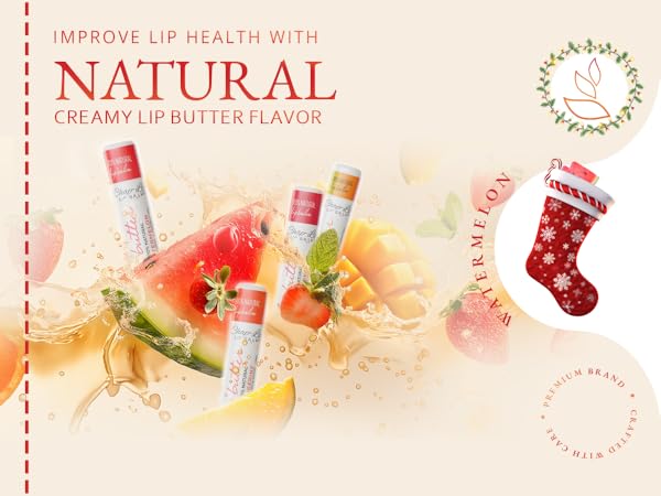Lip Balm Hydrating Bulk Chap Stick with Fruit Flavors, Coconut Oil, Cocoa Butter - Christmas