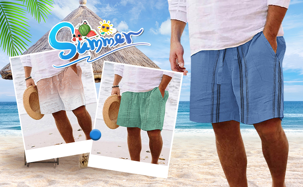 CRNTCEM Mens Elastic Waist Casual Linen Shorts