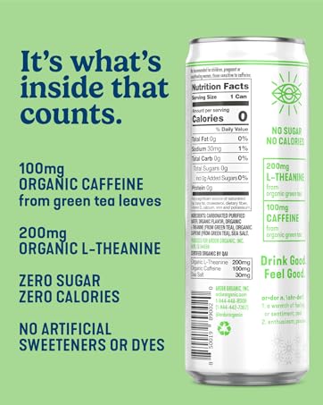 100mg natural caffeine, 200mg organic l-theanine, zero sugar, zero calories, nothing artificial
