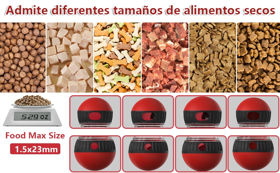 Guía de tallas de alimentos para mascotas que muestra diferentes variedades de alimentos secos y ocho indicadores de medición rojos que indican un tamaño máximo de alimento de 1,5 x 23 mm.