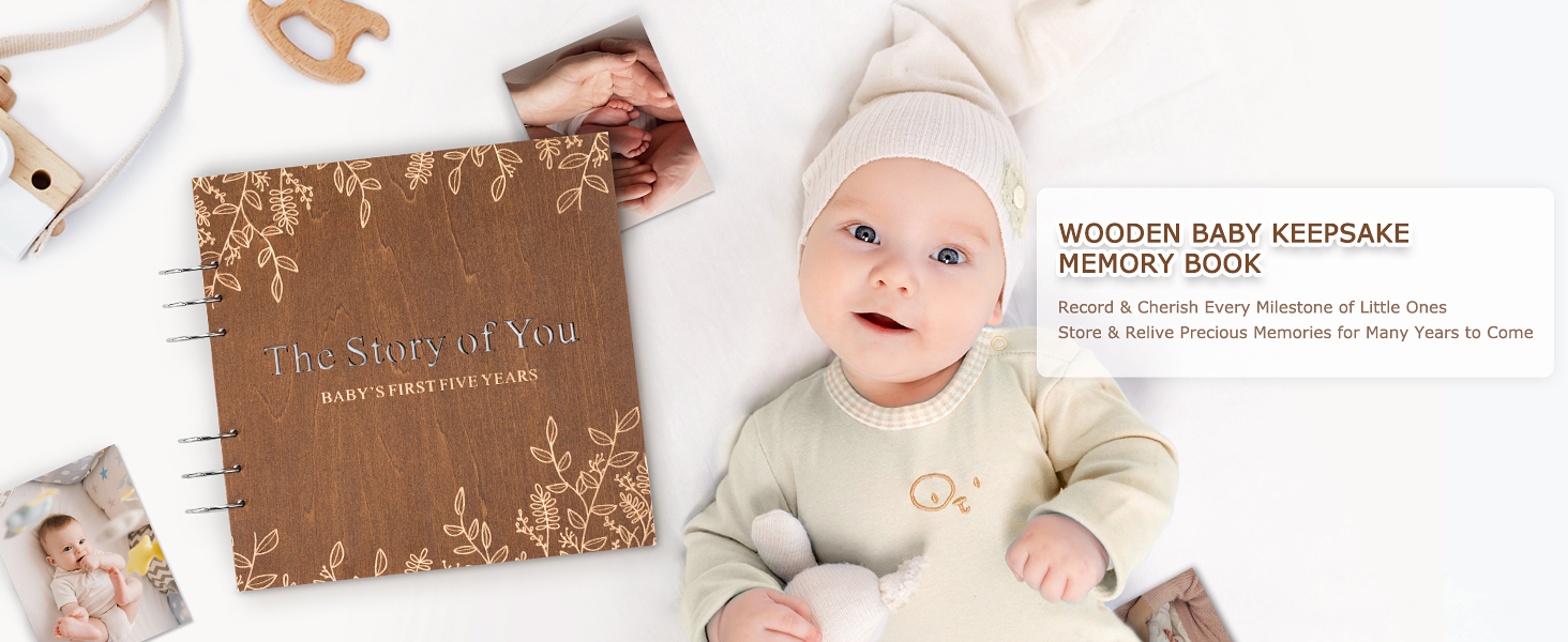 Wooden Keepsake Baby Memory Book Boys & Girls, First 5