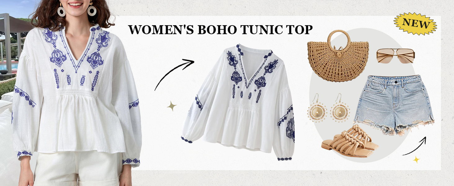 Womens Vintage Floral Embroidered Shirt Boho Puff Long Sleeve V Neck Blouse Peasant Ethnic Summer