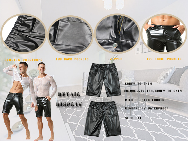 QiaTi Men's PU Leather Shorts Elastic Waist Men Casual