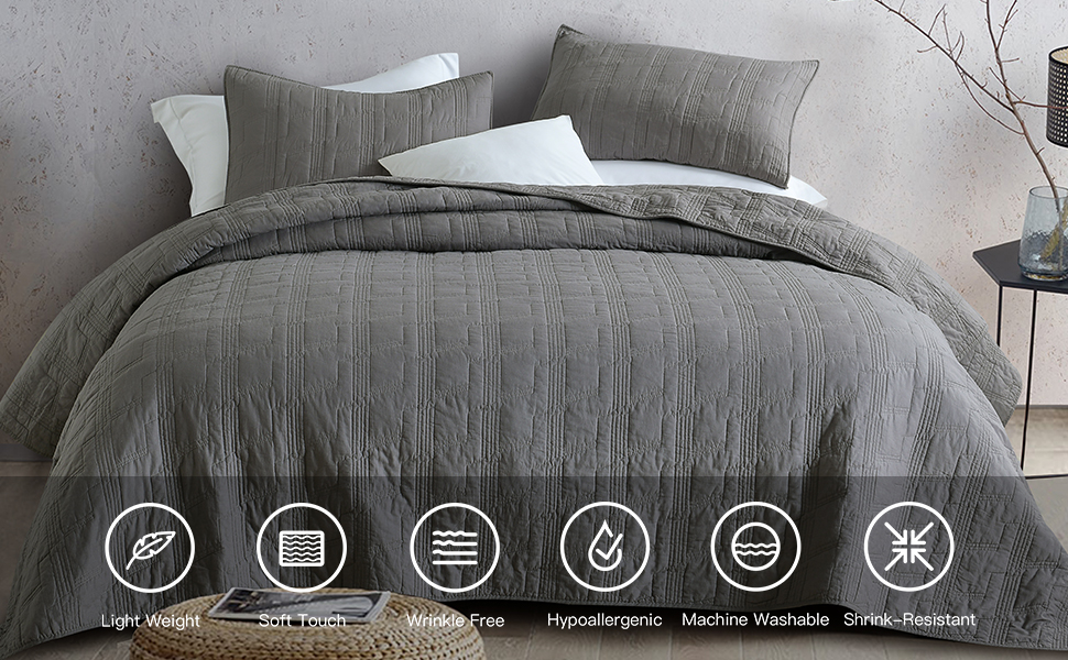 100 Cotton Quilt Set King Size, Grey PreWashed 3Piece