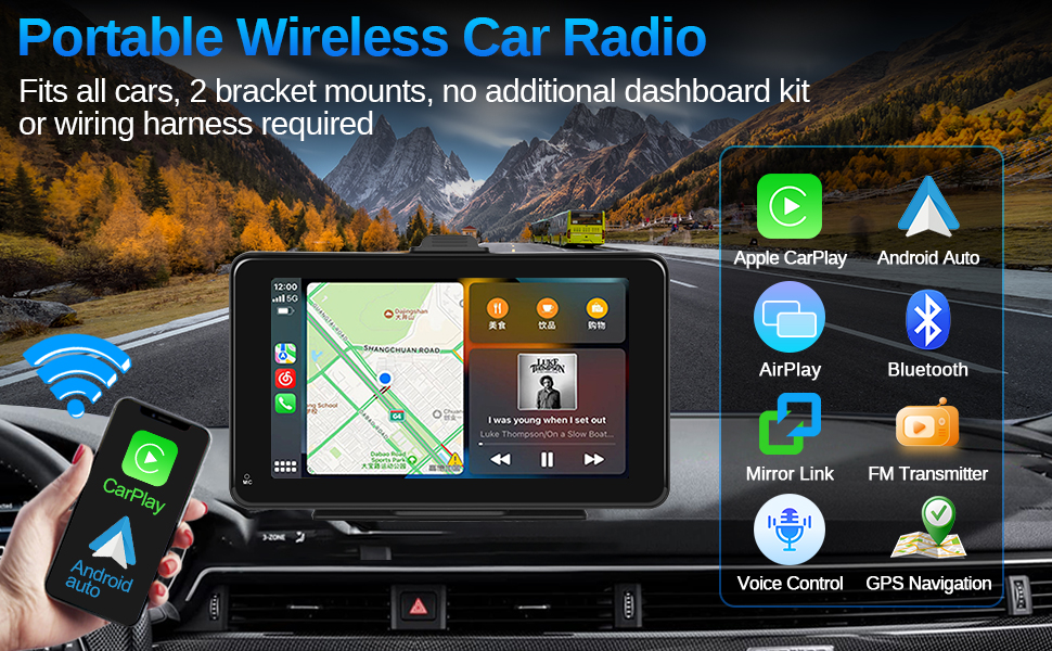 Podofo Portable Car Stereo with Wireless Carplay & Android