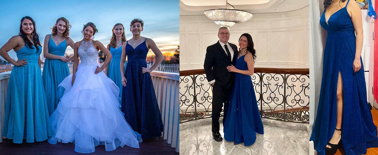 Spaghetti Strap Prom Dress Royal Blue Long for Women Side Slit A Line Evening Ball Gown with Pocket