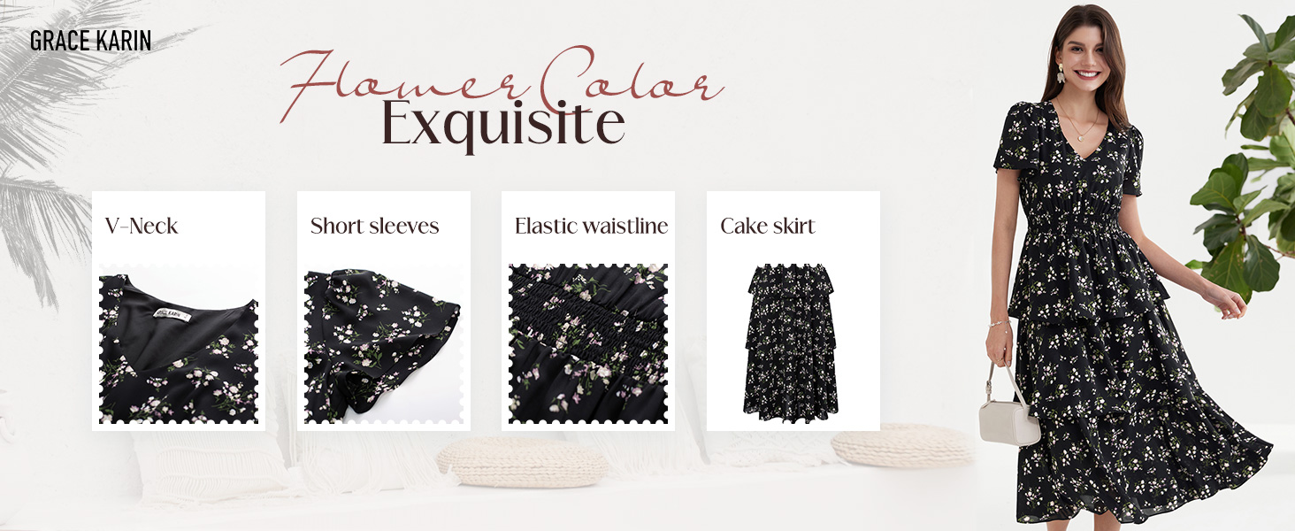 Women 2024 Floral Summer Long Midi Dress V Neck Short Sleeve Tiered Ruffle Boho Swing Dresses